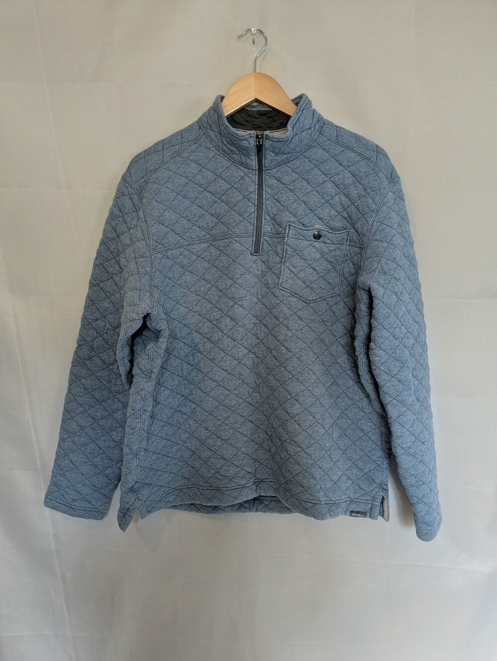 Eddie Bauer Diamond Quilted Insulated Quarter Zip Pullover Sweater Blue Cotton L